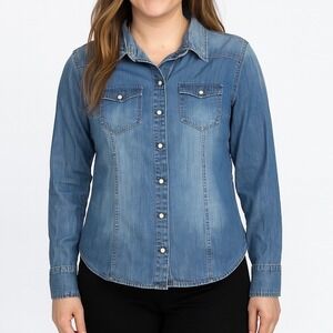 Eddie Bauer Y2K Button Up Denim Shirt Women M Pearl Snap Western Utility Classic